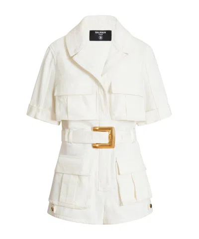 Balmain Belted Denim Playsuit In White