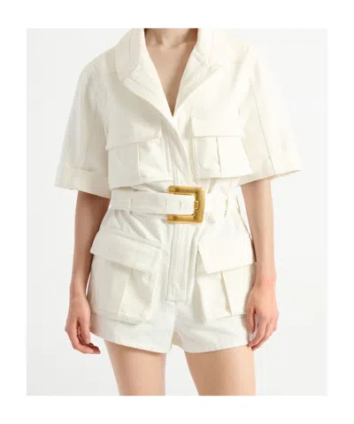 Balmain Belted Denim Playsuit In White