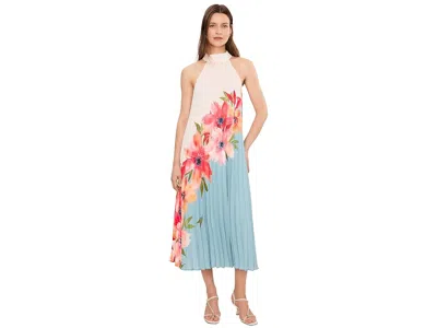 Adrianna Papell Pleated Chiffon Floral Color Block Midi Trapeze Dress In Blue Multi