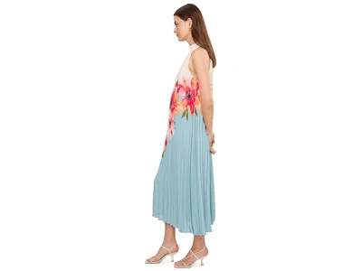 Adrianna Papell Pleated Chiffon Floral Color Block Midi Trapeze Dress In Blue Multi