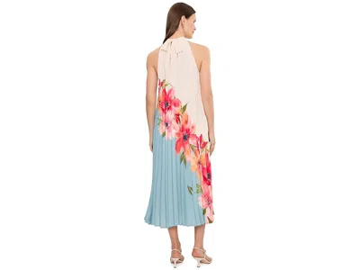 Adrianna Papell Pleated Chiffon Floral Color Block Midi Trapeze Dress In Blue Multi