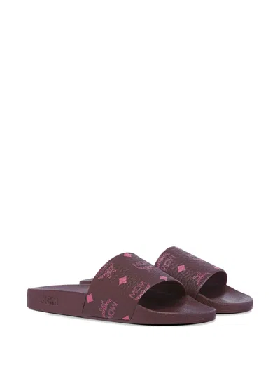Mcm Monogram Print Rubber Slides In Brown