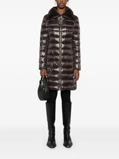 Herno Long Quilted Flared Down Jacket In Brown