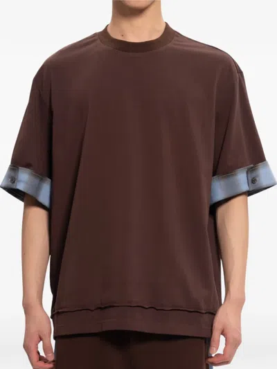 Feng Chen Wang Check-cuff Layered-hem T-shirt In Brown
