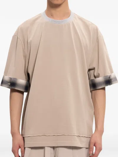 Feng Chen Wang Checked-cuff Layered-hem T-shirt In Brown