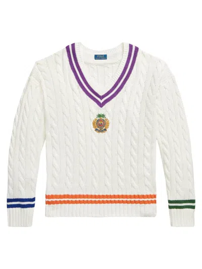 Polo Ralph Lauren Mens Cream Combo Crest-embroidered Cable-knit Cotton And Linen Jumper Xl In White
