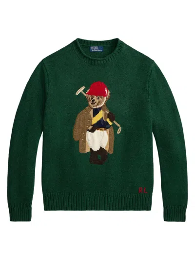 Polo Ralph Lauren Long Sleeve Cotton Linen Society Bear Rollneck Sweater In Green