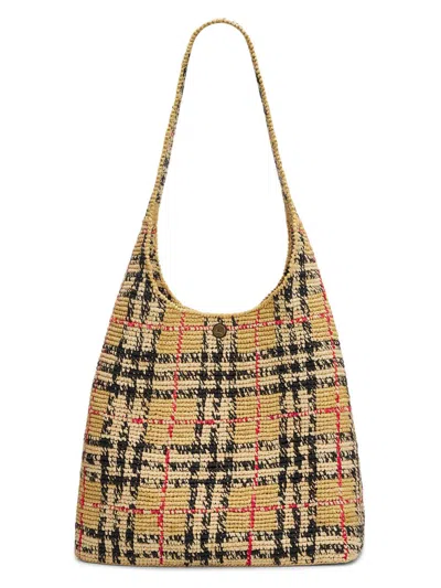 Burberry Womens Sand Small Margate Check Raffia Hobo Bag In Neutral