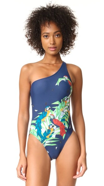 Norma Kamali One Shoulder Swimsuit In Midnight Parrot
