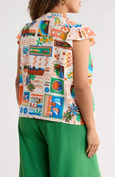 Sugarlips Palm Ruffle Split Neck Blouse In Multi
