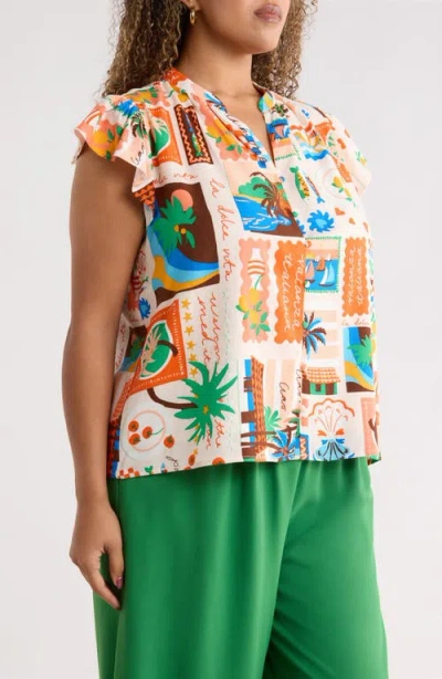 Sugarlips Palm Ruffle Split Neck Blouse In Multi