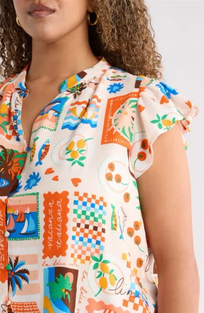 Sugarlips Palm Ruffle Split Neck Blouse In Multi