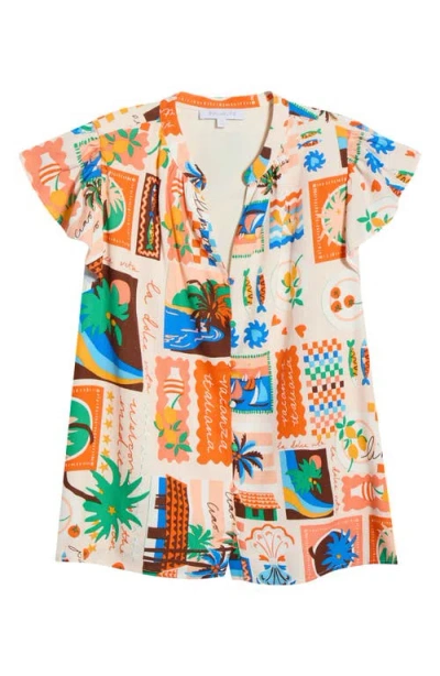 Sugarlips Palm Ruffle Split Neck Blouse In Multi