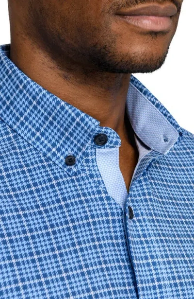 Construct Slim Fit Houndstooth Plaid Woven Short Sleeve Basic Shirt In Blue