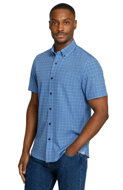 Construct Slim Fit Houndstooth Plaid Woven Short Sleeve Basic Shirt In Blue