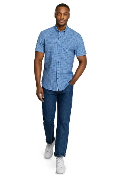 Construct Slim Fit Houndstooth Plaid Woven Short Sleeve Basic Shirt In Blue