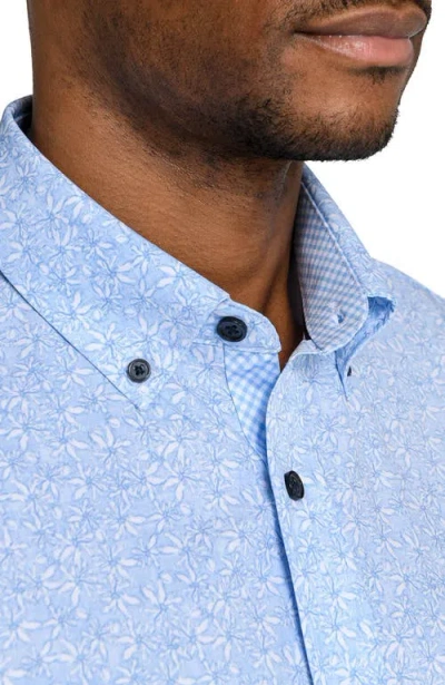 Construct Slim Fit Sketched Floral Woven Short Sleeve Basic Shirt In Blue