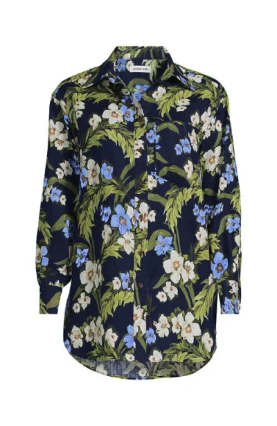 Lands' End Linen Oversized Button Front Shirt In Blue