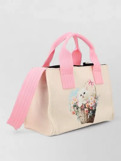 Msgm Tote Bag Rectangular Shape Top Handles Print In Pink