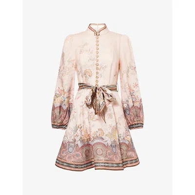 Zimmermann Womens Pink Paisley Alchemy Belted Floral-print Linen Mini Dress In Pink
