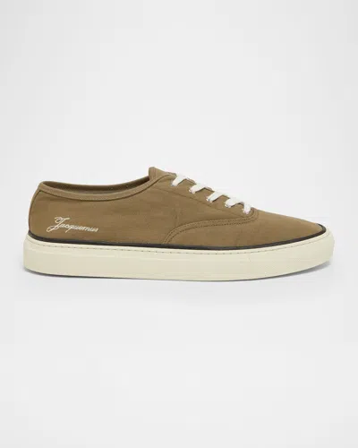 Jacquemus Cotton Low-top Sneakers With Embroidered Logo In Brown