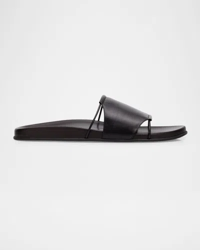 The Row Vivienne Leather Slippers Open Toe Flat Sole In Black