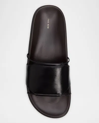 The Row Vivienne Leather Slippers Open Toe Flat Sole In Black