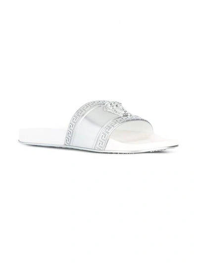 Versace Men's Medusa-head Slide Sandal, Silver In Grey