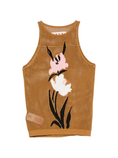 Marni Mesh Knit Top Floral Pattern In Brown