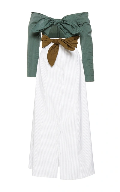 Isa Arfen Off-the-shoulder Tie-front Striped Cotton-blend Midi Dress In White