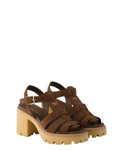 Prada High-heeled Suede Platform Sandals In Brown