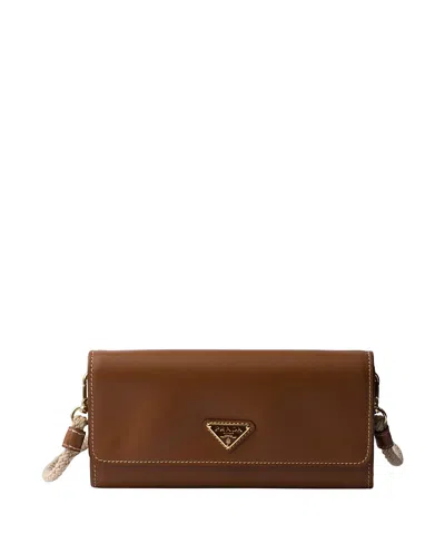 Prada Leather Wallet With Shoulder Strap In Brown