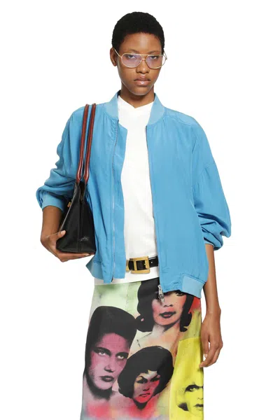Versace Relaxed Fit Silk Jacket With Embroidered Logo And Zipper Closure In Blue