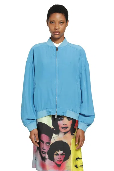 Versace Relaxed Fit Silk Jacket With Embroidered Logo And Zipper Closure In Blue