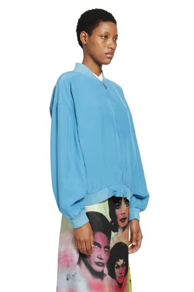 Versace Relaxed Fit Silk Jacket With Embroidered Logo And Zipper Closure In Blue