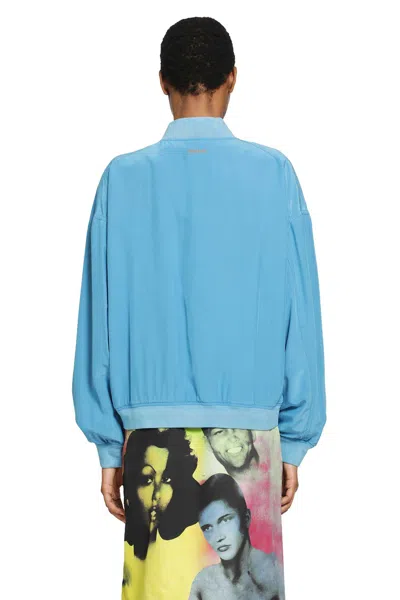 Versace Relaxed Fit Silk Jacket With Embroidered Logo And Zipper Closure In Blue