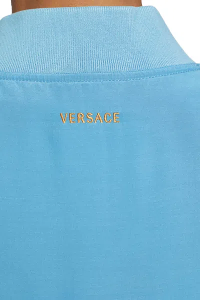 Versace Relaxed Fit Silk Jacket With Embroidered Logo And Zipper Closure In Blue