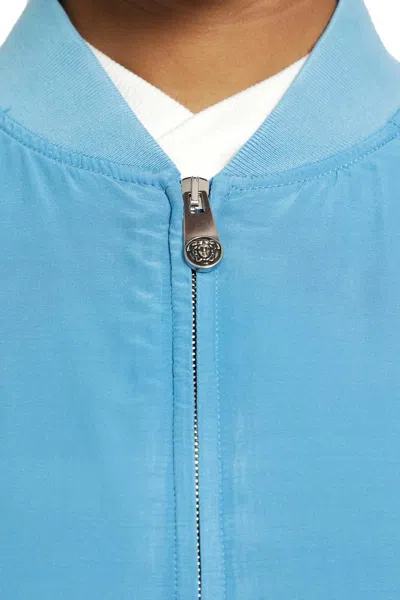 Versace Relaxed Fit Silk Jacket With Embroidered Logo And Zipper Closure In Blue