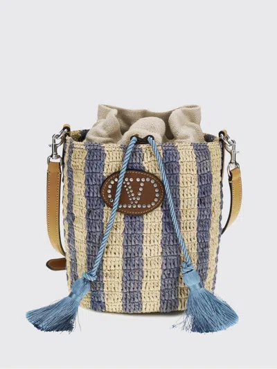 Valentino Garavani Small Bucket Bag In Raffia With Beige And Light Blue Stripes In Multi