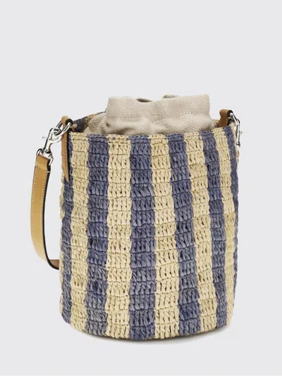 Valentino Garavani Small Bucket Bag In Raffia With Beige And Light Blue Stripes In Multi