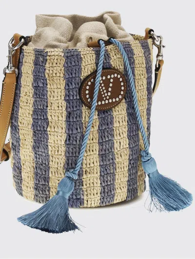 Valentino Garavani Small Bucket Bag In Raffia With Beige And Light Blue Stripes In Multi