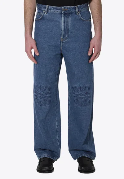 Loewe Denim Trousers Belt Loops Embroidered Back Pockets In Blue