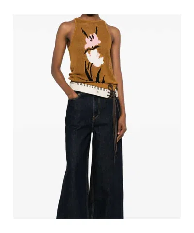 Marni Mesh Knit Top Floral Pattern In Brown
