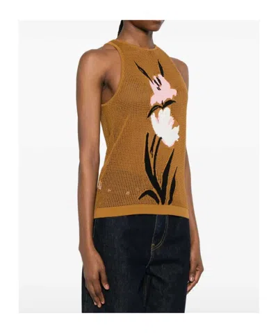 Marni Mesh Knit Top Floral Pattern In Brown