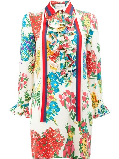 Gucci Floral Print Ruffle Trim Shirt Dress In Multicolour