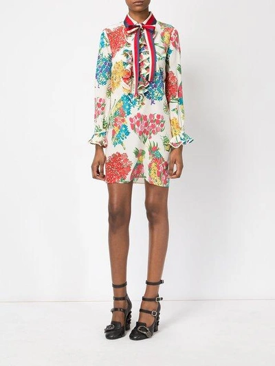Shop Gucci Floral Print Ruffle Trim Shirt Dress In Multicolour