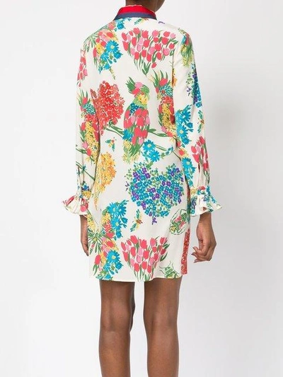 Shop Gucci Floral Print Ruffle Trim Shirt Dress In Multicolour