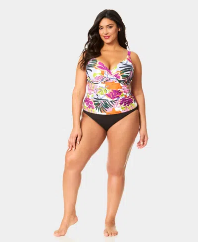 Anne Cole Plus Size V-neck Underwire Printed Drape Front Tankini Top In Multi
