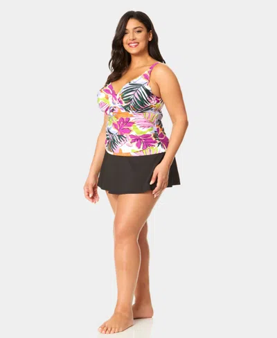 Anne Cole Plus Size V-neck Underwire Printed Drape Front Tankini Top In Multi