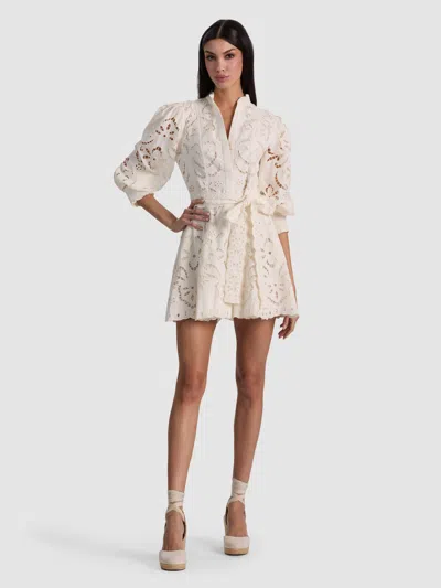Alice And Olivia Lucy Embroidered Longsleeve Mini Shirt Dress With Tie Belt In White